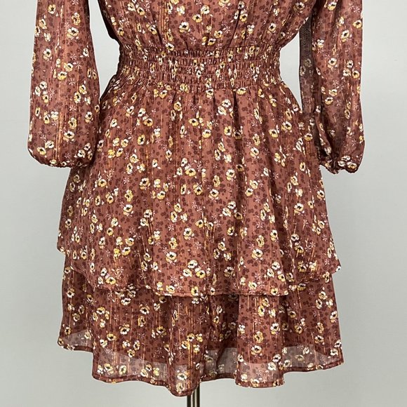 Spirit of Grace Womens Surplice Neck Smocked Floral Print Dress Brown size Large - Picture 9 of 14